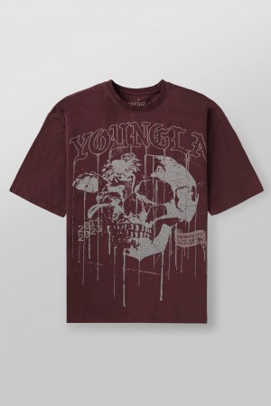 Young LA 4116 - Floral Skull Tees Burgundy Canada | OAKN-91856