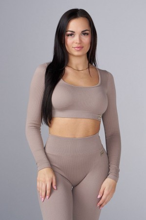 Young LA W449 Ribbed Seamless Longsleeve Crop Khaki Canada | CGJO-70845