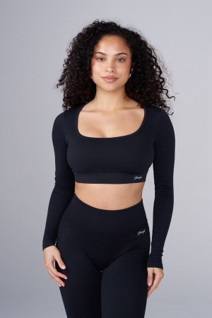 Young LA W449 Ribbed Seamless Longsleeve Crop Black Canada | YVXE-12058